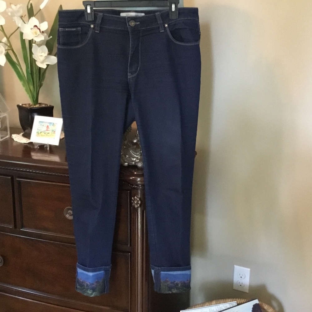 Beija-Flor - Navy Ankle Jeans with Scenic Tuscan Landscape Cuff